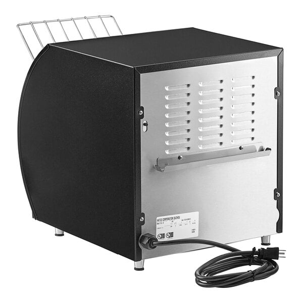 A black and silver Hatco commercial conveyor toaster with wires.