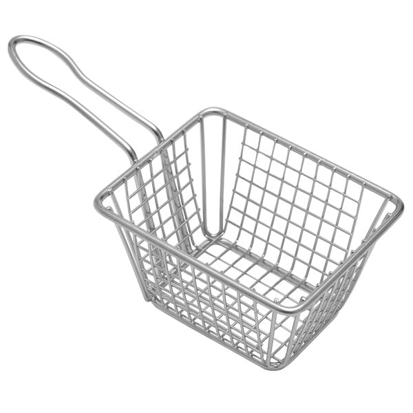 An American Metalcraft mini stainless steel fry basket with a handle.