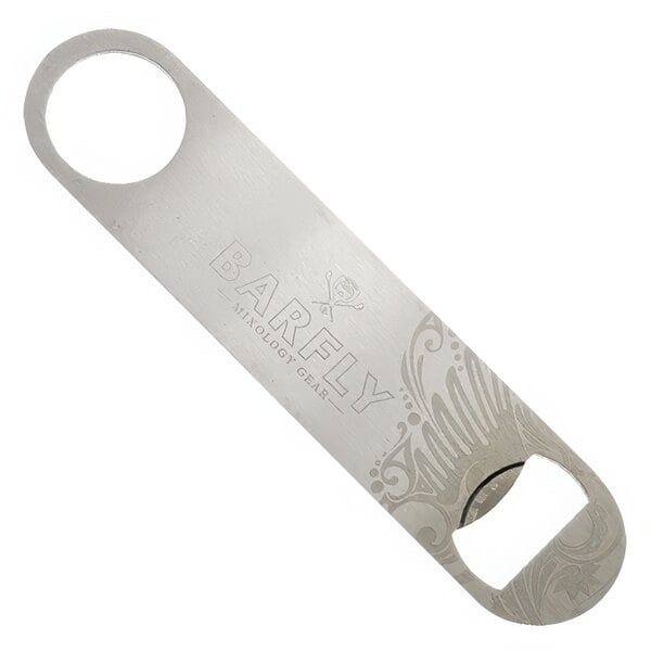 A silver stainless steel Barfly bottle opener with a logo on it.