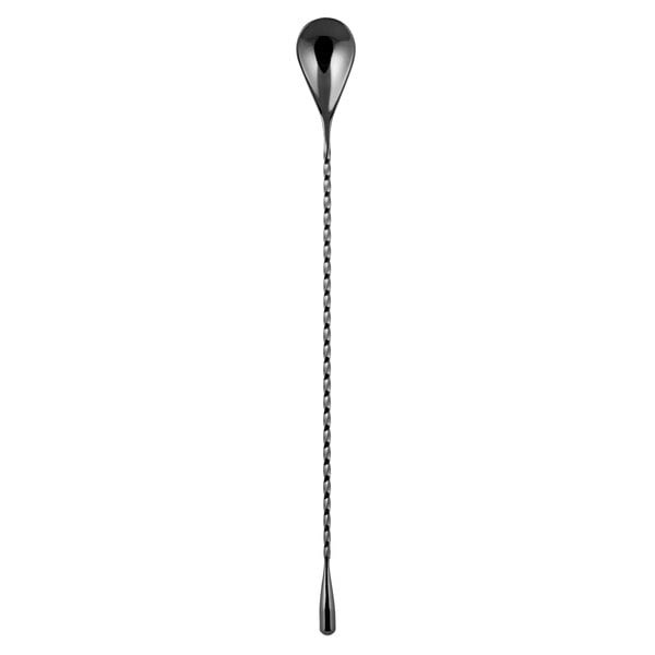 A Barfly gun metal black Japanese style bar spoon with a long silver handle.