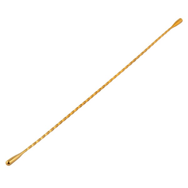 A gold plated metal double end stirrer with a rope-like handle.