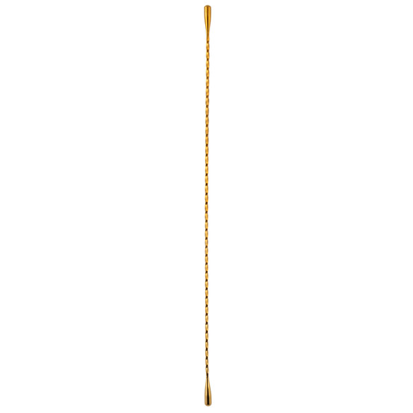 A gold plated Barfly double end stirrer with yellow and black stripes on the ends.