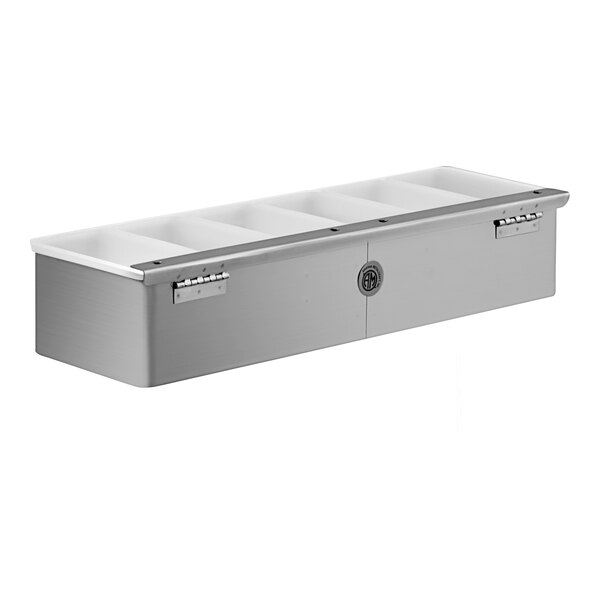 An American Metalcraft stainless steel condiment bar with 6 compartments.