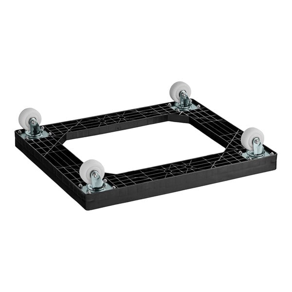 A black plastic bakery tray dolly with white wheels.