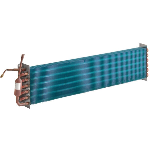 An Avantco evaporator coil with blue and brown heat exchanger fins and copper pipes.