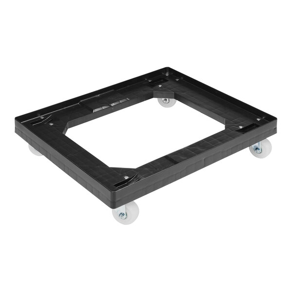 A black plastic frame with white wheels for Orbis bakery trays.