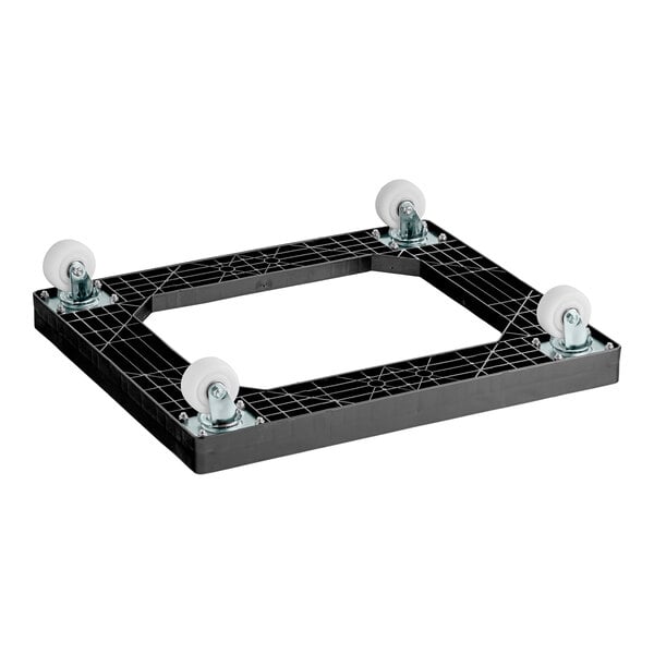 A black plastic frame with white wheels.