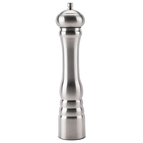 A silver stainless steel Chef Specialties Prentiss pepper mill.