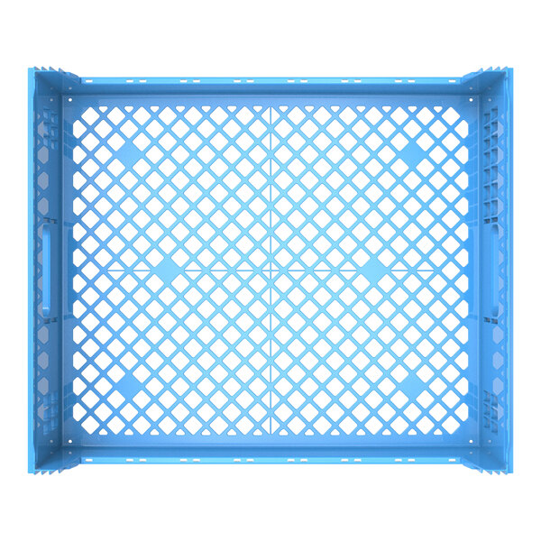 A blue plastic Orbis bakery bread tray with holes.