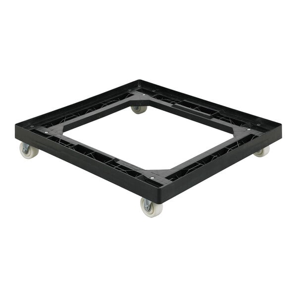 A black plastic dolly with wheels.