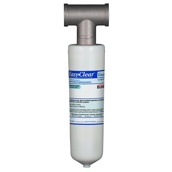 A white plastic Bunn water filter can with a blue label.