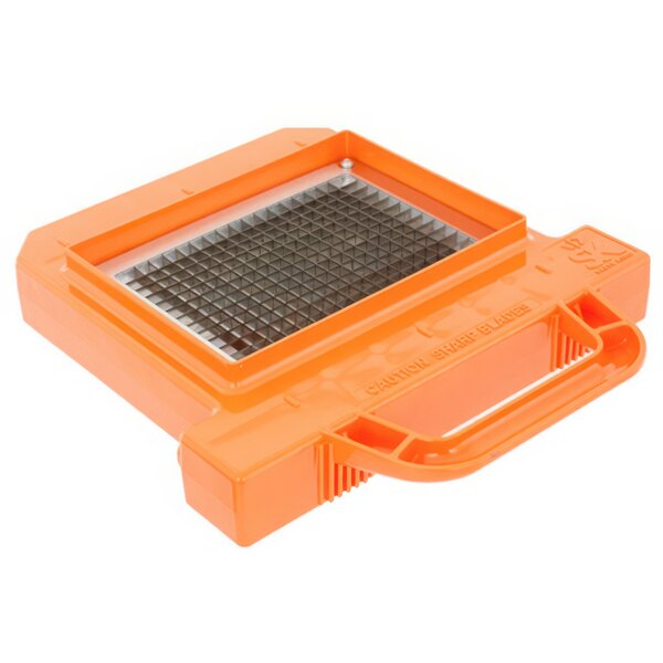 A metal grid for dicing food in an orange container.