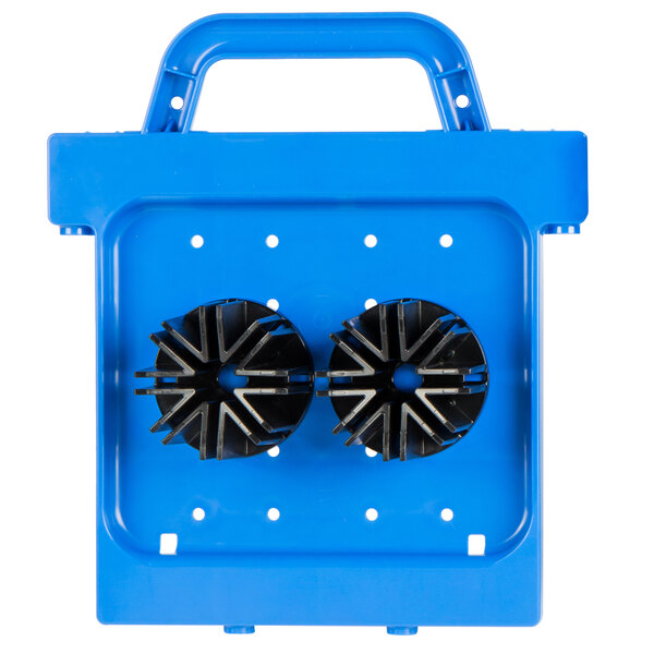 A blue plastic tool box with black metal parts for a Prince Castle Saber King Wedger.