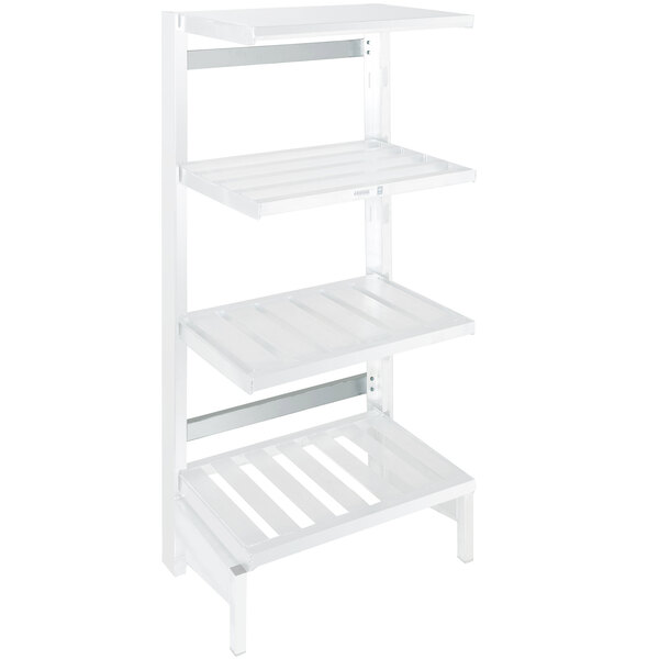 Two Channel aluminum cross supports on a white shelf with three shelves.