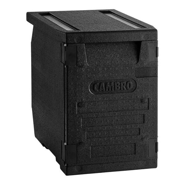A black Cambro Cam GoBox front-loading insulated food pan carrier designed to hold up to six full-size pans.
