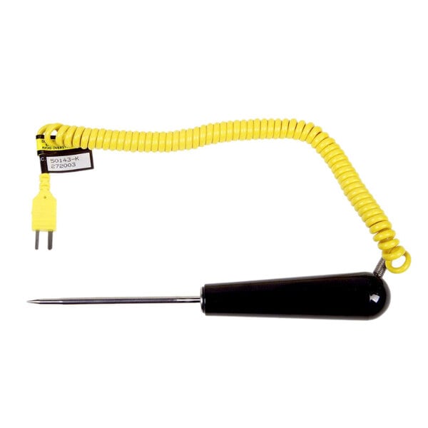 A yellow coiled cord with a black handle and a silver needle probe on a white background.