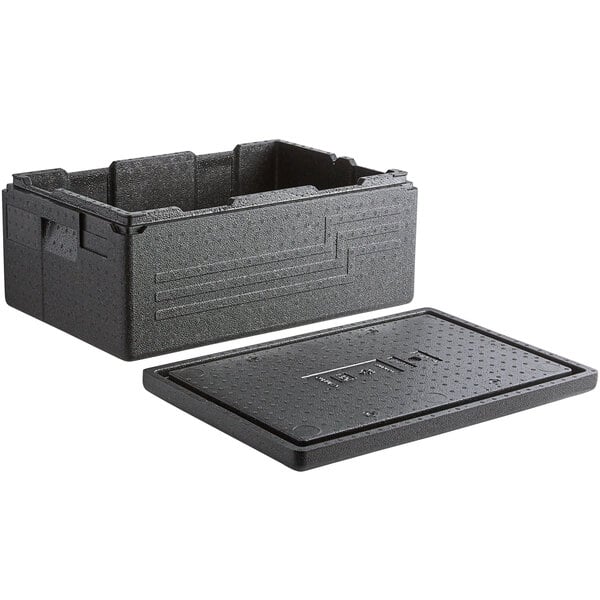 A black rectangular Cambro Cam GoBox with a lid.