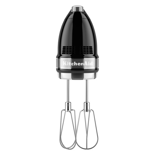 A black and silver KitchenAid hand mixer.