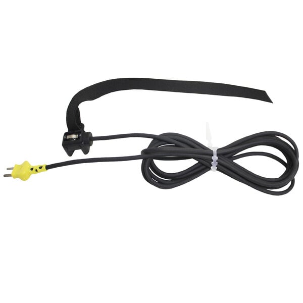 A black cable with a yellow plug and a Cooper-Atkins Pipe Strap Surface Probe.