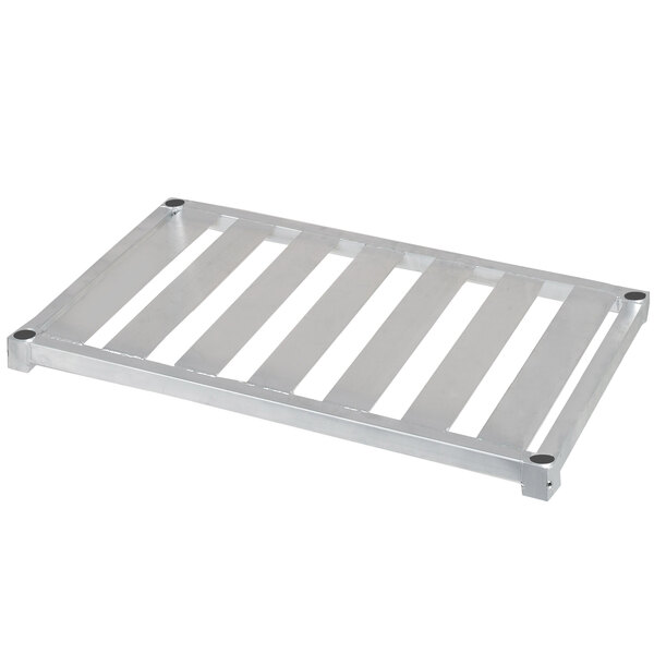 An aluminum T-bar shelf with adjustable metal bars.