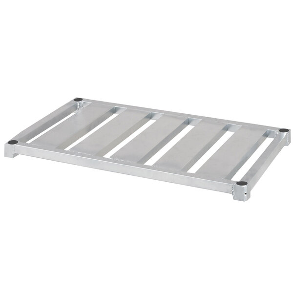 An adjustable aluminum E-channel shelf with metal slats.