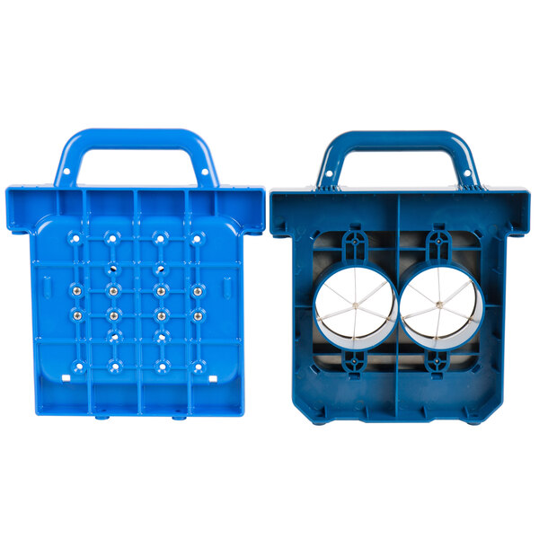 A blue plastic tool box with a circular blade and pusher head inside.