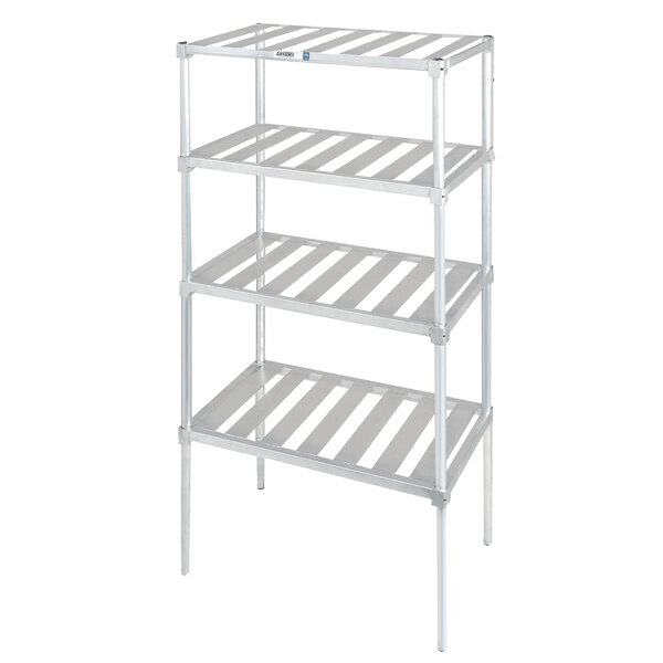 An aluminum T-bar shelf with adjustable metal shelves.