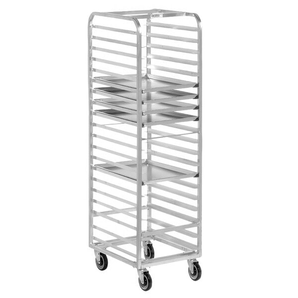 A Channel aluminum sheet pan rack with shelves on wheels.