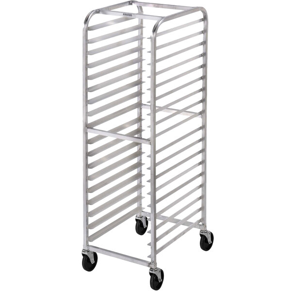 An assembled Channel aluminum sheet pan rack with wheels.