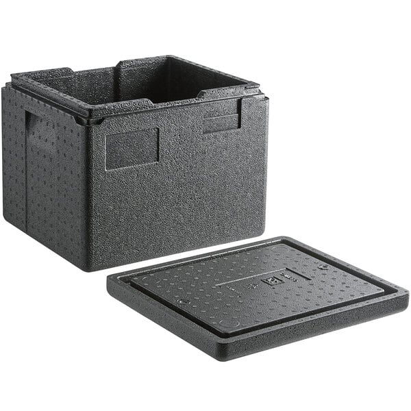 A black plastic box with a lid.