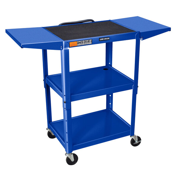 A blue Luxor AV cart with drop leaf shelves and wheels.