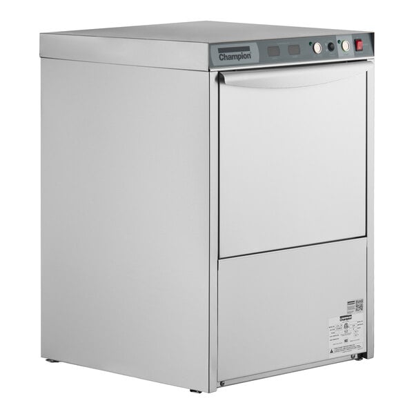 A stainless steel Champion UH-130B high temperature undercounter dishwasher with a front control panel.