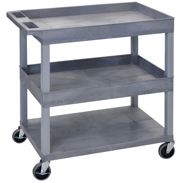 A gray plastic Luxor utility cart with three shelves and wheels.