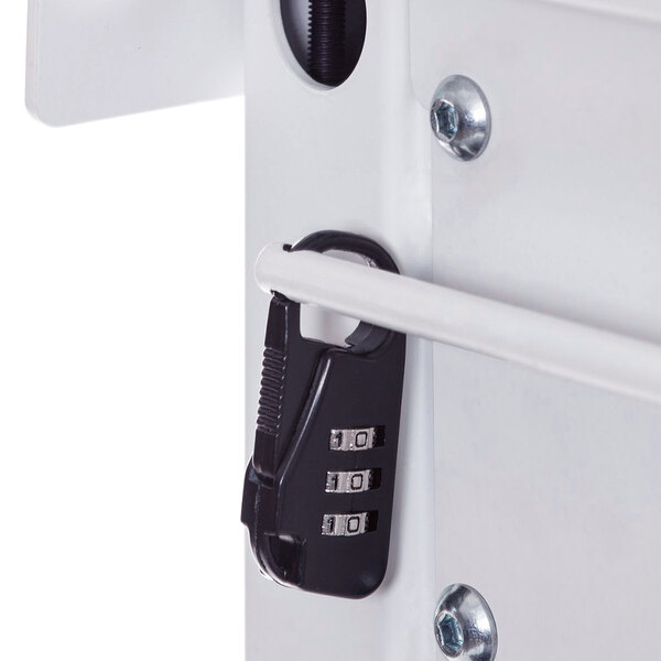 The white lock on a Luxor TV cart with a key and a padlock.
