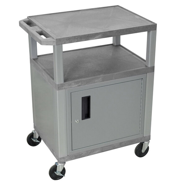 A gray Luxor A/V cart with a shelf.