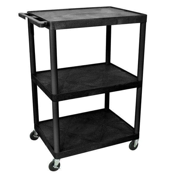 A black Luxor utility cart with three shelves and wheels.