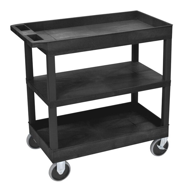 A black Luxor utility cart with three shelves and wheels.