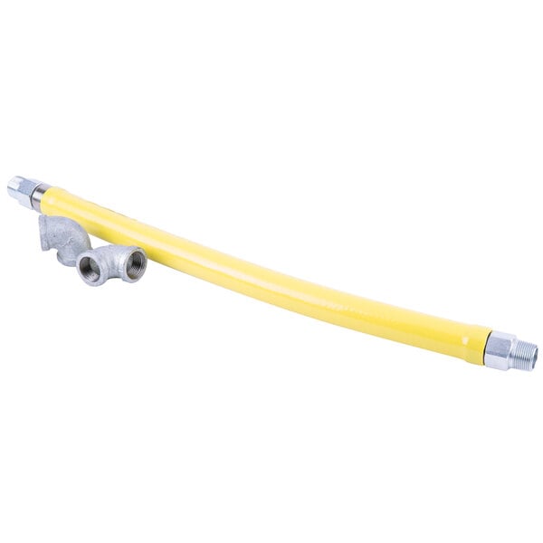 A yellow hose with silver fittings.