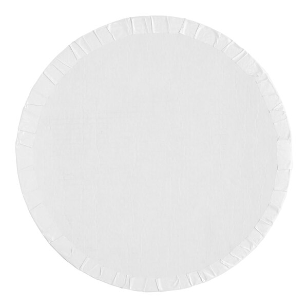 A round, white cake drum with a fold-under edge, measuring 14 inches in diameter and 1/2 inch thick.