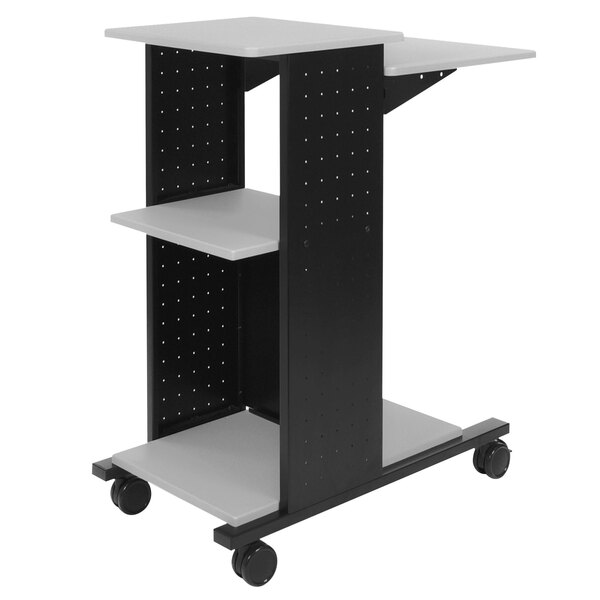 A black and gray Luxor presentation cart with wheels and shelves.