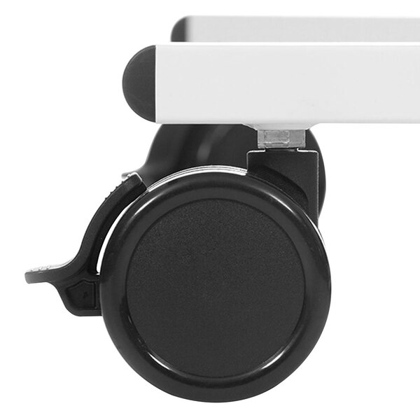 A black and white Luxor standing workstation with wheels.