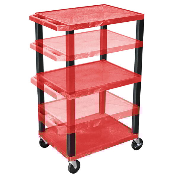 A red plastic Luxor A/V cart with three shelves and black legs on wheels.