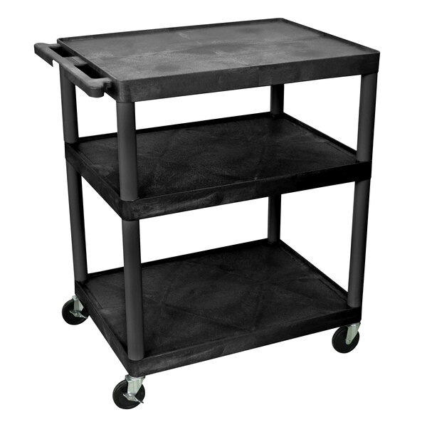 A black Luxor 3 shelf cart with wheels.