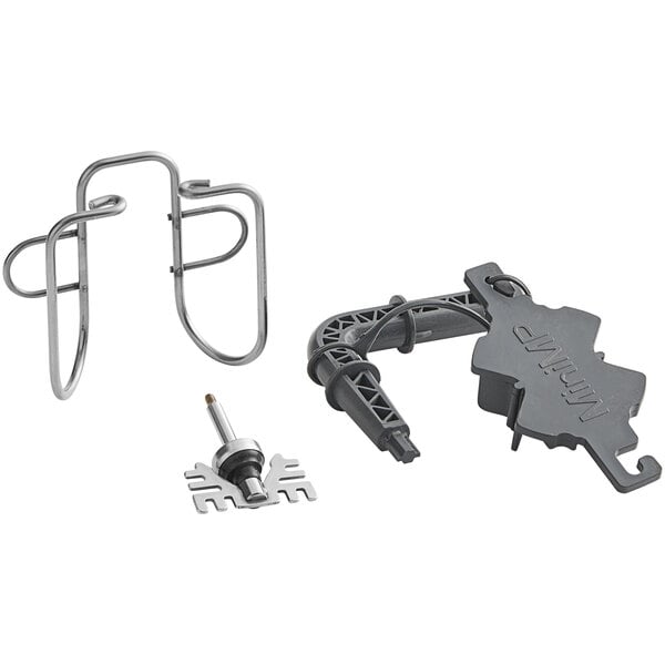 A grey and metal Robot Coupe immersion blender kit.