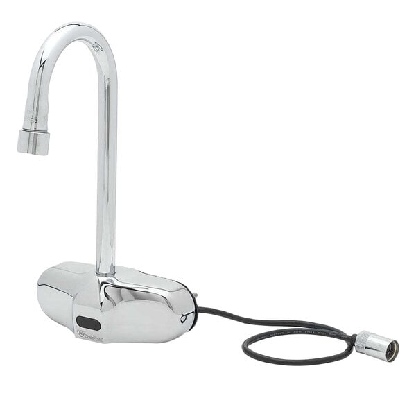 A close-up of a T&S chrome wall-mounted sensor faucet with a rigid gooseneck spout.