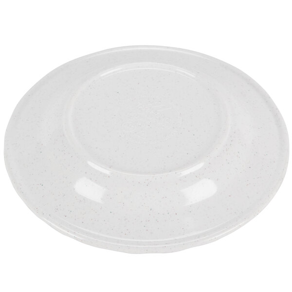 A white plate with a blue bamboo logo on the rim.