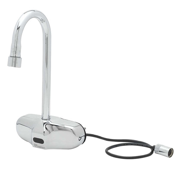 A close-up of a T&S chrome wall mounted sensor faucet with a rigid gooseneck spout.