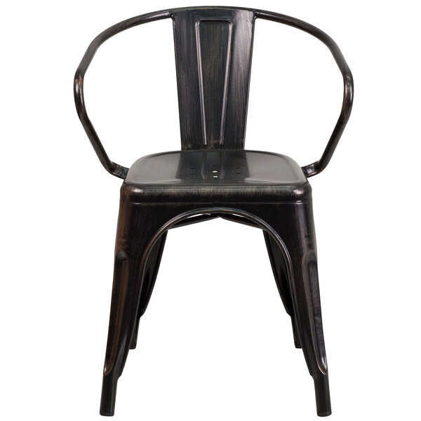 A black Flash Furniture metal chair with arms.
