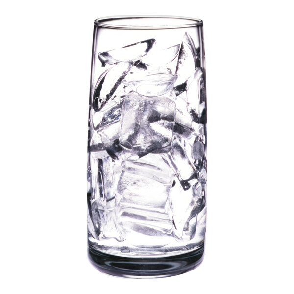 A glass filled with Hoshizaki crescent ice cubes.