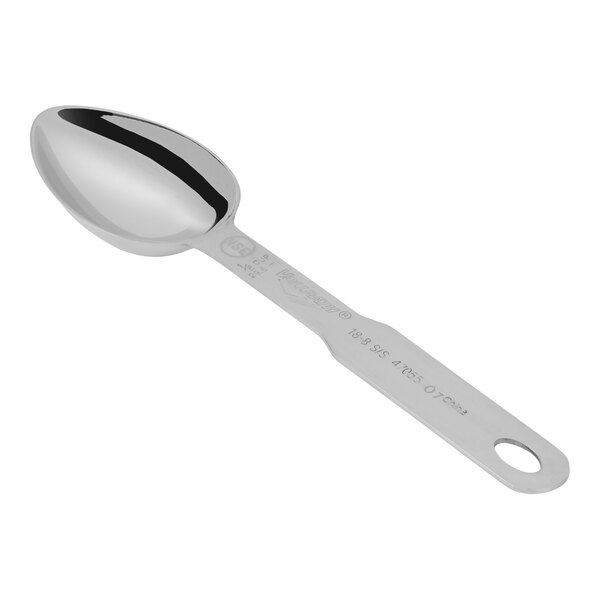 A silver Vollrath stainless steel measuring scoop with a long handle and a hole in the end.